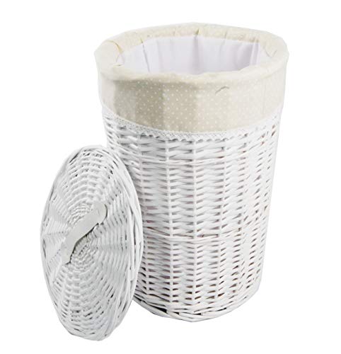 dvier Panier à Linge en Osier Blanc Rond Beige D.32 H.48