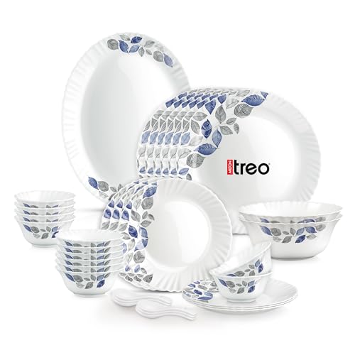 Image of Treo by Milton Opalware Aurelia Lunis Dinner Set of 33 | Serving for 6 | Microwave & Dishwasher Safe | Bone-Ash Free | Tempered Toughness | Plates, Bowls, Spoons | Crockery Set for Dining & Gifting