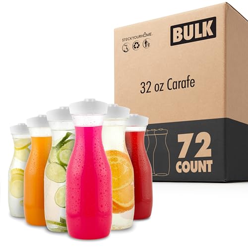 Plastic Juice Carafe with Lids  32oz Clear Carafes for Drinks Water Milk Pantry Storage and Mimosa Bar - Best Pitchers & Carafes