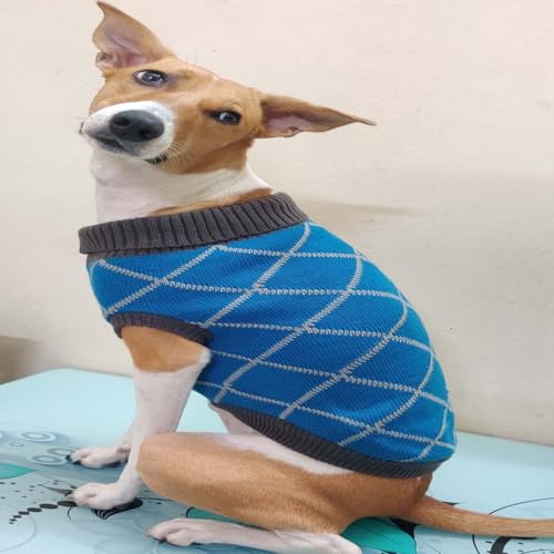 Image of Lulala Dog Sweater, Knitted Turtleneck Cold Weather Dog Sweater for Small Small Dogs, Soft Diamond Plaid Pullover Knitwear Dog Winter Warm Clothes, Pet Coat Puppy Sweater (Sky Blue, 14 Inch)