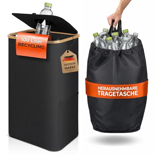 Pfandflaschen Sammelbehälter mit Deckel, 100 L, faltbar & stabiler Flaschensammler Leergut, große Pfandbox, Pfandflaschen Behälter, Behälter Leergut & Altglas Aufbewahrung, inklusive Flaschentasche
