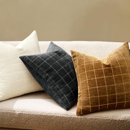 Image of MIULEE Black Plaid Decorative Throw Pillow Covers 20x20 Set of 2 | Vintage Check Chenille Couch Pillows Neutral Boho Farmhouse Cushion Covers Modern Home Decor for Sofa Bed Living Room