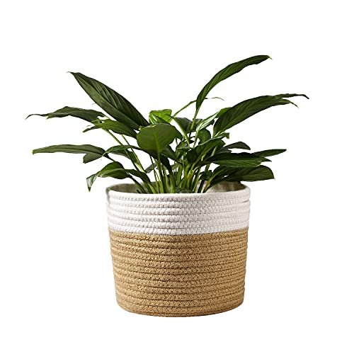Leepes Cotton Jute Rope Plant Basket Modern Woven Basket for 8 Inch Flower Pot Floor Indoor Planters, Storage Organizer Basket Rustic Home Decor,White Stitching Khaki W 8.5" x H 7.5"
