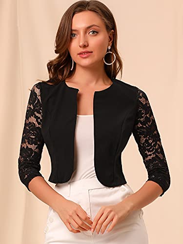 Allegra K Women's Floral Lace Shrug Top 3/4 Sleeve Open Front Cardigan Evening Formal Bolero4