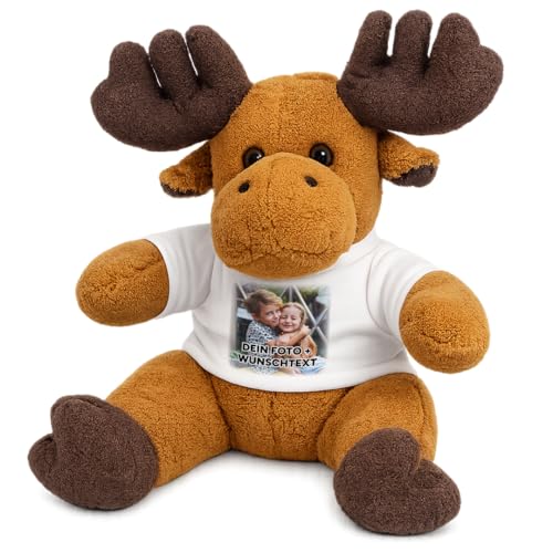 Kuscheltier Elch personalisiert Flauschiges Plüschtier mit weißem T-Shirt zum Bedrucken Weicher Teddybär für Babys & Kinder Geschenk zur Geburt & Geburtstag