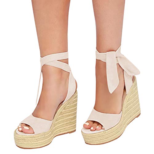 Image of Womens Espadrilles Wedges Sandals Heels Open Toe Tie Lace Up Platform Ankle Strap Summer Dress Shoes