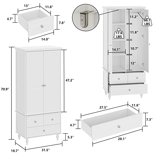 ECACAD-Wardrobe-Closet-Armoire-with-2-Doors-3-Drawers-4-Tier-Storage-Shelves-Hanging-Rod-Wooden-Clothes-Storage-Cabinet-for-Bedroom-White-315W-x-197D-x-709H ECACAD Wardrobe Closet Armoire with 2 Doors 3 Drawers 4 Tier Storage Shelves Hanging Rod Wooden Clothes Storage Cabinet for Bedroom White 315W x 197D x 709H