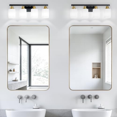 Image of 4-Light Vanity Light for Bathroom,Black and Gold Bathroom Light 24 inch | Bathroom Light Fixture with Square Frosted Glass, Wall Sconces fixtures Over Mirror Sink Restroom,Living Room Hallway