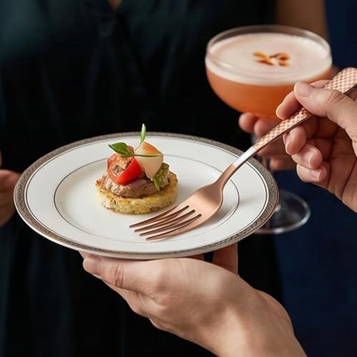 Image of 8.1 inch Rosegold Dinner Forks Set of 5 with Checks Printed Handle ? Durable Stainless Steel Silverware, Mirror Polished Forks, Perfect for Home, Restaurant, and Gifting