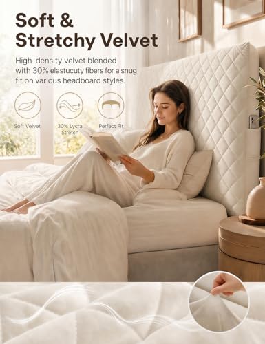 TEXSTEAD Samt Bettkopfteil Bezug & Betthussen Set – All-in-One Design, elastische & wattierte Staubschutz-Hülle als dekorative Abdeckung für gepolsterte Kopfteile, waschbar in Beige (ca. 150x70 cm)
