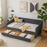 Ball & Cast Twin Size Daybed with Two Drawers and Linen Upholstered,Wood Bed Frame w/Button Tufted Back and Waved Shape Arms,Slats Support,for Apartment,Bedroom,Dark Grey