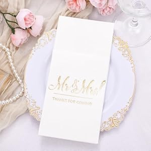 Nervure 100PCS Wedding Napkins with Built-in Flatware Pocket - White and Gold Mr & Mrs Prefolded Cloth Like Disposable Napkins for Wedding & Bridal Shower Nervure 100PCS Wedding Napkins with Built in Flatware Pocket White and Gold Mr Mrs Prefolded Cloth Like Disposable Napkins for Wedding Bridal Shower