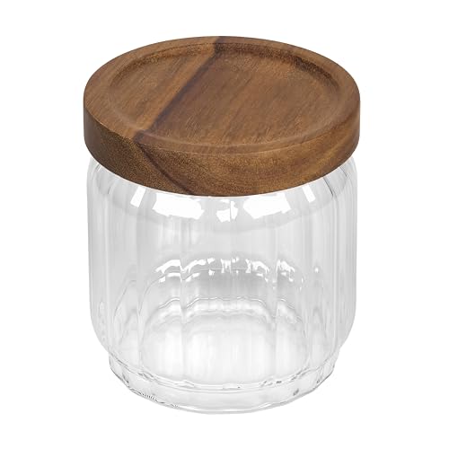 Tala Ribbed Glass Storage Jar with Acacia Lid, Stylish Airtight Kitchen Jars for Dry Ingredients, Tea, Coffee, Sugar, Pasta & More, Clear Glass Canisters for Modern Kitchens, 400ml