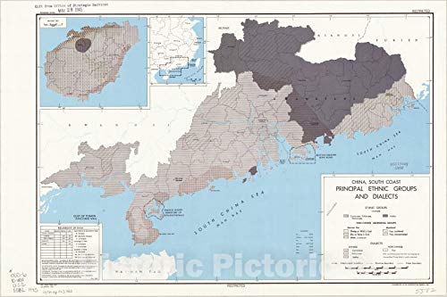 Historic Pictoric Map : China 1945, China, South Coast, Principal Ethnic Groups and dialects, Antique Vintage Reproduction : 66in x 44in