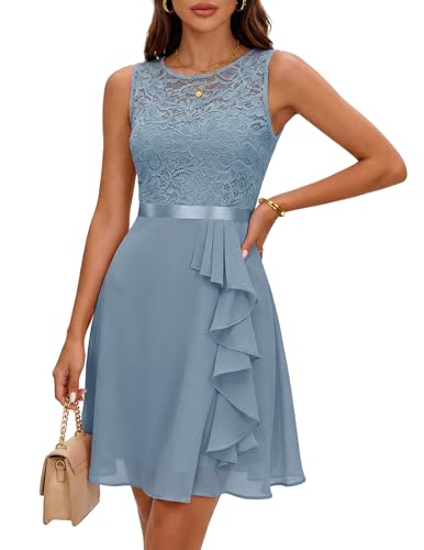 Image of BeryLove Womens Boat Neck A Line Sleeveless Lace Formal Homecoming Dress | Short Dress With Ruffle Hem, Sparkly Design Ideal For Wedding Guest,Bridesmaid Cocktail Prom & Evening Party Events