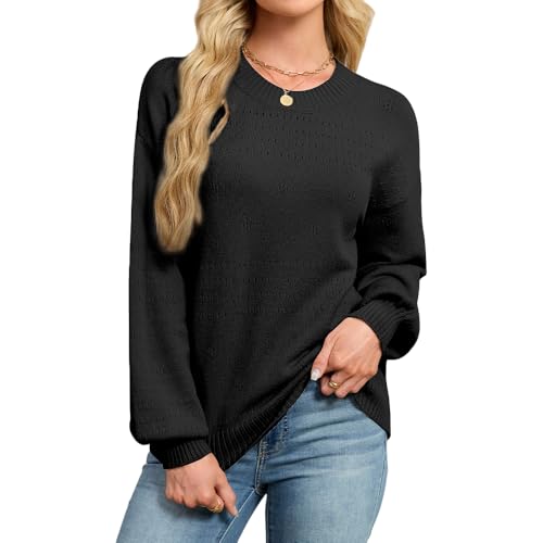 ZLIGXEA Pullover für Damen Langarm Rundhals Ausschnitt Häkelpullover Herbst Winter Elegant Strickpulli Mode Warme Lässige Strickpullover Oberteile Schwarz M