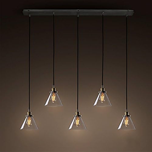 Machine Industrial Retro Country Style Clear Glass Island Chandelier - 5 Lights Linear Pendant Light with Clear Cone Glass Shade Antique Ceiling Light (Color : E)