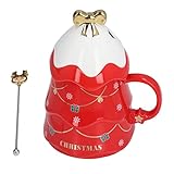 Tomvorks Weihnachtskeramik-Teetasse mit Großer Kapazität, Schöner Tasse mit Deckel für Feiertagsgeschenke, Einfach, süß und mit Verschiedenen Getränken für Gute Laune, Glatte (Rot mit