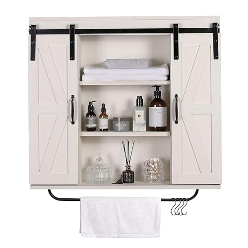 Comparison: Best Wood For Cabinet Doors 8 RUSTOWN Rustic Wood Wall Storage Cabinet with Two Sliding Barn Door, 3-Tier Decorative Farmhouse Vintage Cabinet for Kitchen Dining, Bathroom, Living Room, Vintage White
