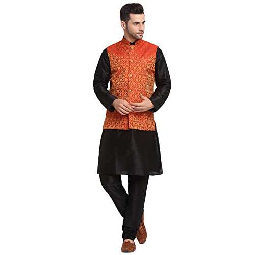 Image of KRAFT INDIA Mens Gold Silk Blend Kurta and Churidar Set With Jacquard Paisley Nehru Jacket