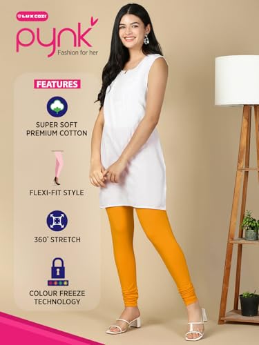 Image of Lux Cozi PYNK Solid Premium Cotton Lycra Churidar Leggings for Women | Regular Fit Elastic Waist Full Length Women Leggings | Free Size