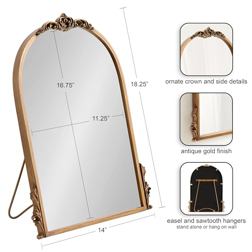 Kate and Laurel Myrcelle Traditional Arched Tabletop Easel Mirror, 14 x 19, Gold, Vintage Small Arch Mirror with Ornate Garland Detailing Along The Crown and Edges of The Frame by Kate and Laurel - Image 2