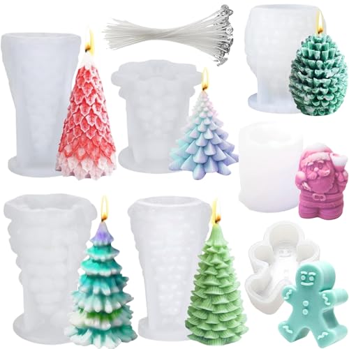 7pcs Christmas Silicone Mold Set for Candle Making Atarvana 3D Christmas Candle Making Molds with 10pcs Candle Wick-Christmas Trees Santa Claus Pine and Ginger Man