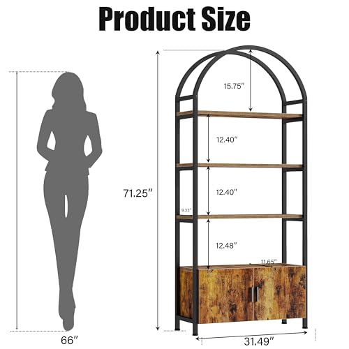 Image of Jehiatek Arched Bookshelf with Storage Cabinet 71 Inch Tall Industrial Bookcase 5 Tier Open Display Shelf with Hidden Storage Rustic Wood and Metal Bookshelf for Living Room Bedroom Home Office