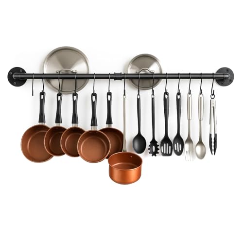 Wall Mount Pot Pan Bar Rack 97cm with 14 (13 cm) S Hooks Wall Mounted Industrial Pipe Pan Pot Rack Metal Style Hanging Rail Kitchen Utensils Hanger Organiser for Hanging Pans Utensils Cookware