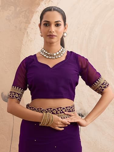Image of Women's Georgette Embroidery Border Beads work Saree with Blouse Piece