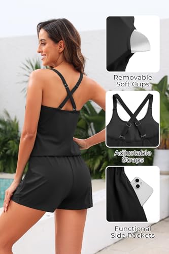 Image of Tempt Me Women Romper One Piece Swimsuits with Short | with Pockets, Modest, Removable cups, Boyleg, Full coverage