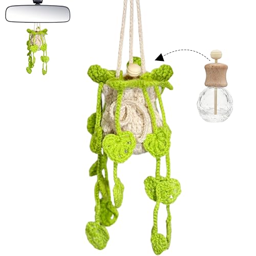 Image of Crochet Car Air Freshener Hanging, Cute Hanging Plant for Cars, Crochet Plant with 10ml Empty Refillable Oil Diffuser Bottle, Handmade Boho Car Ornaments Charms for Rear View Mirror, Green