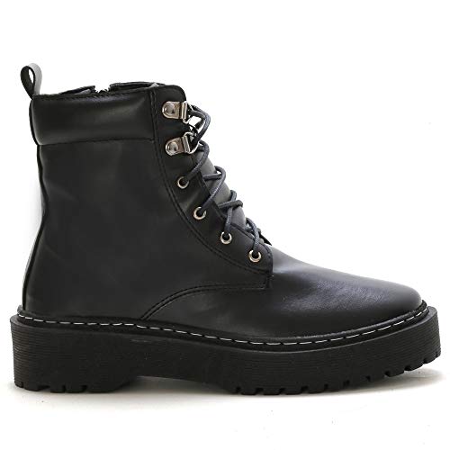 Bota Coturno Feminina Flatform Tratorada Cano Médio Zíper Casual Macia Cor:Preto;Tamanho:35