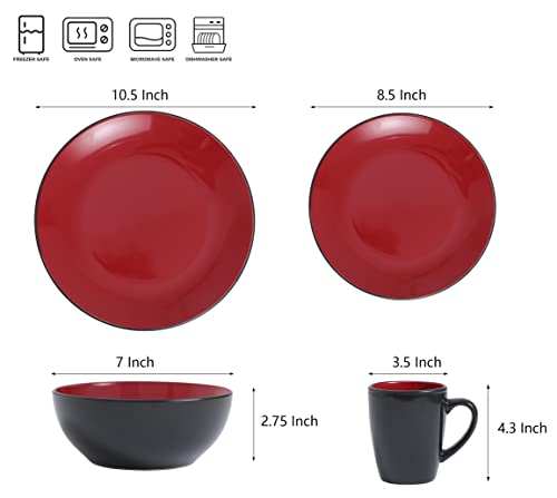 Bestone 16 Piece Dinnerware Set, Stoneware, Plates And Bowls, Dishes, Service For 4, Red And Black #TOP1