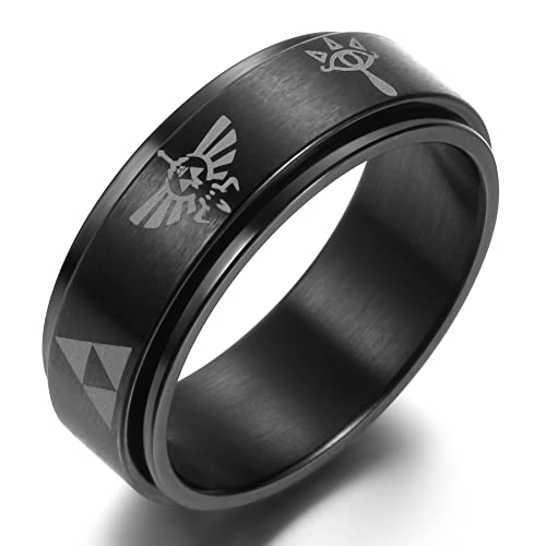 8mm Black Spinner Pattern Triforce Stainless Steel Wedding Band Anxiety Relief Spinning Ring