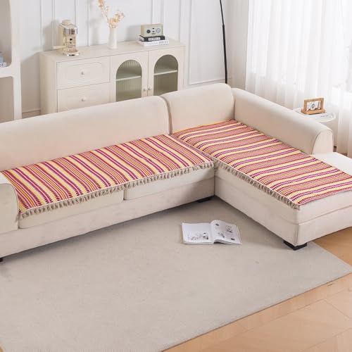 Image of HOKIPO 'Artisan Boho Series' L Shape (2+2 Seater) Seat Mat for Sofa | Thick 450 GSM Cotton Acrylic Jacquard Fabric Cover with Tassel, Ruby Red (IN-902+903-A6)