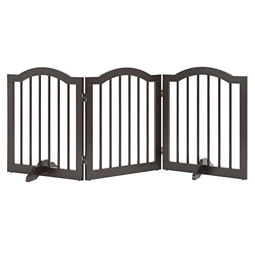unipaws Freestanding Pet Gate with 2Pcs Support Feet, Foldable Dog Gate for Stairs, Pet Gate Panels, Decorative Indoor Pet Barrier with Arched Top for Small Dogs, Espresso