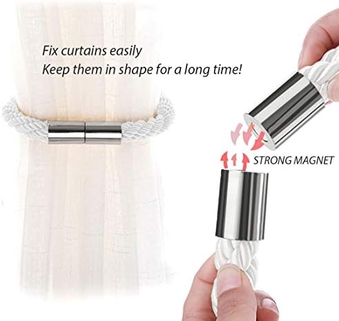 NICEEC 4 Pack Strong Magnetic Curtain Tiebacks Modern Simple Style Drape Tie Backs Convenient Decorative Weave Rope Curtain Holdbacks for Thin or Thick Home & Office Window Draperies (Silver White)