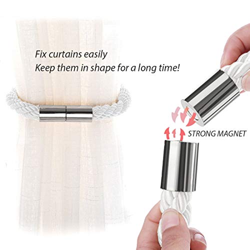 NICEEC 4 Pack Strong Magnetic Curtain Tiebacks Modern Simple Style Drape Tie Backs Convenient Decorative Weave Rope Curtain Holdbacks for Thin or Thick Home & Office Window Draperies (Silver White)