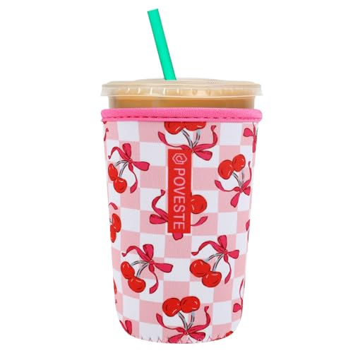 Image of Reusable Neoprene Insulator Sleeve for Iced Coffee & Cold Soda, Coffee Sleeves for Iced & Hot Drinks, Cold Beverage Cooler Compatible with Starbucks, Dunkin (Bow&Cherry, Medium: 22-24oz)
