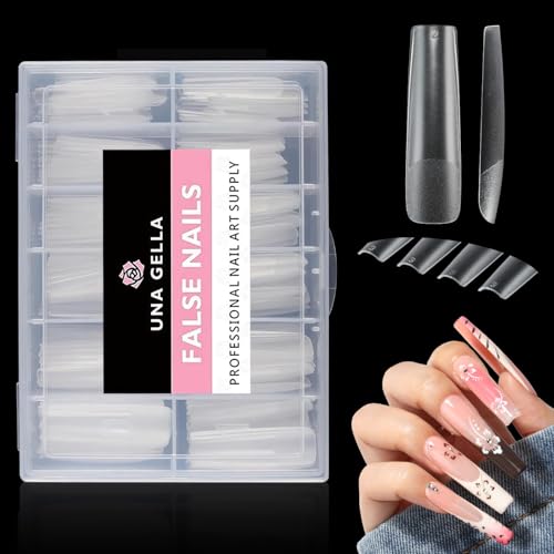 Image of UNA GELLA Full Square Gel Fake Nails Pre-file 120pcs Press On Nails XXL No C Curve Extra Long Nail Tips Clear Long Flat Nail Tips Tapered Square Soft Gel Tips
