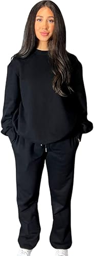 Women's Thick Fleece Sweatsuit Set (Crewneck Sweatshirt + Drawstring Straight Leg Sweatpants) Lounge Set (as1, alpha, m, regular, regular, Night (Black))