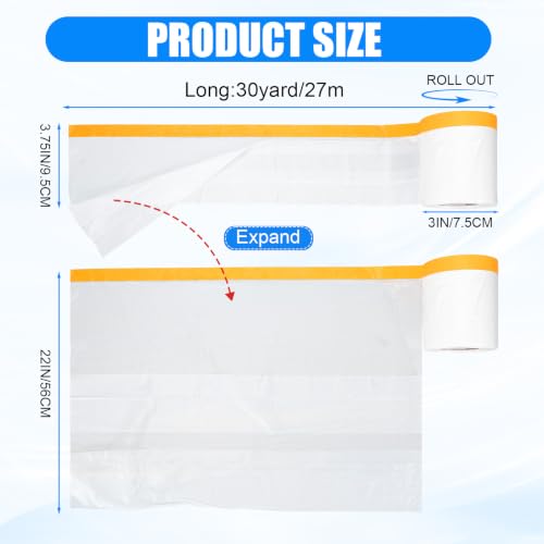 Image of Seajan 9 Roll Painters Plastic with Tape Pre Taped Masking Film for Painting Automotive Paint Adhesive Protective Film Masking Tape Roll Plastic Painting Covering (White,22in X 90 ft)