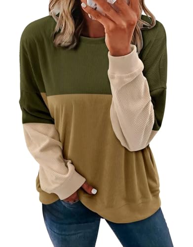 KISSMODA Women's Casual Long Sleeve Sweatshirt Color Block/Solid Crewneck Corduroy Pullover Cute Tops
