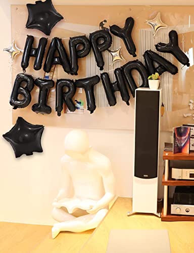 Birthday Banner (3D Black) Mylar Foil Happy Birthday Balloons, 23Pcs Birthday Party Decorations With 5Pcs Extra Shining Star，Balloons For Kids Boys Men Adults Ecofriendly Party Supplies，Us7Bk #TOP4