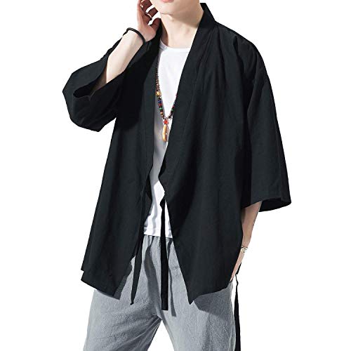 Image of PRIJOUHE Men's Kimono Jackets Cardigan Lightweight Casual Cotton Blends Linen Seven Sleeves Open Front Coat Outwear