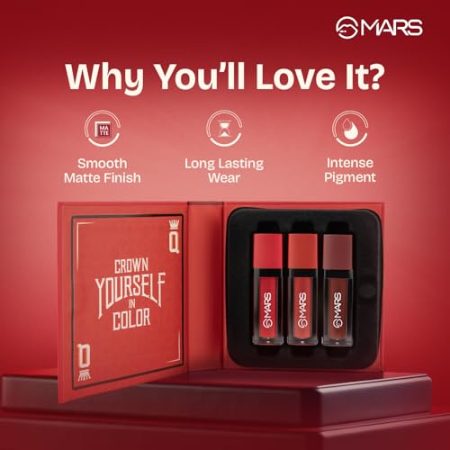 Image of MARS Queen of Mattes Liquid Lipsticks Box Set of 3 (13.5 ml) (REDS & MAROONS) | Smudgeproof & Transferproof | Intense Swipe Pigmentation | Long-Lasting Wear