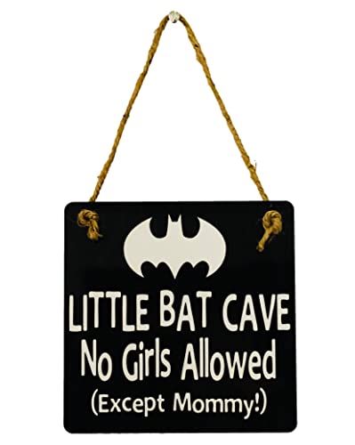 Little Bat Cave No Girls Allowed - Superhero Door Sign Hanger - Gift Present for Nursery - Boys Room