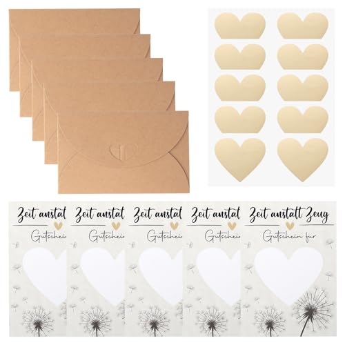 HENGBIRD Zeit statt Zeug Gutschein zum selber ausfüllen, Gutscheine zum selber ausfüllen, Gutscheinkarten zum Selbstausfüllen, Rubbelkarten zum selber beschriften, 5 Rubbel Gutschein mit 5 Umschlägen