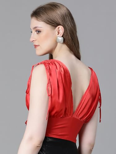 Image of oxolloxo Women Solid V-Neck Elasticated Tie-Up Satin Crop Top